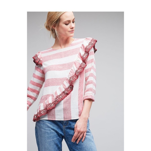 NWT, Anthropologie, Red Ruffle Striped Top - Picture 3 of 4